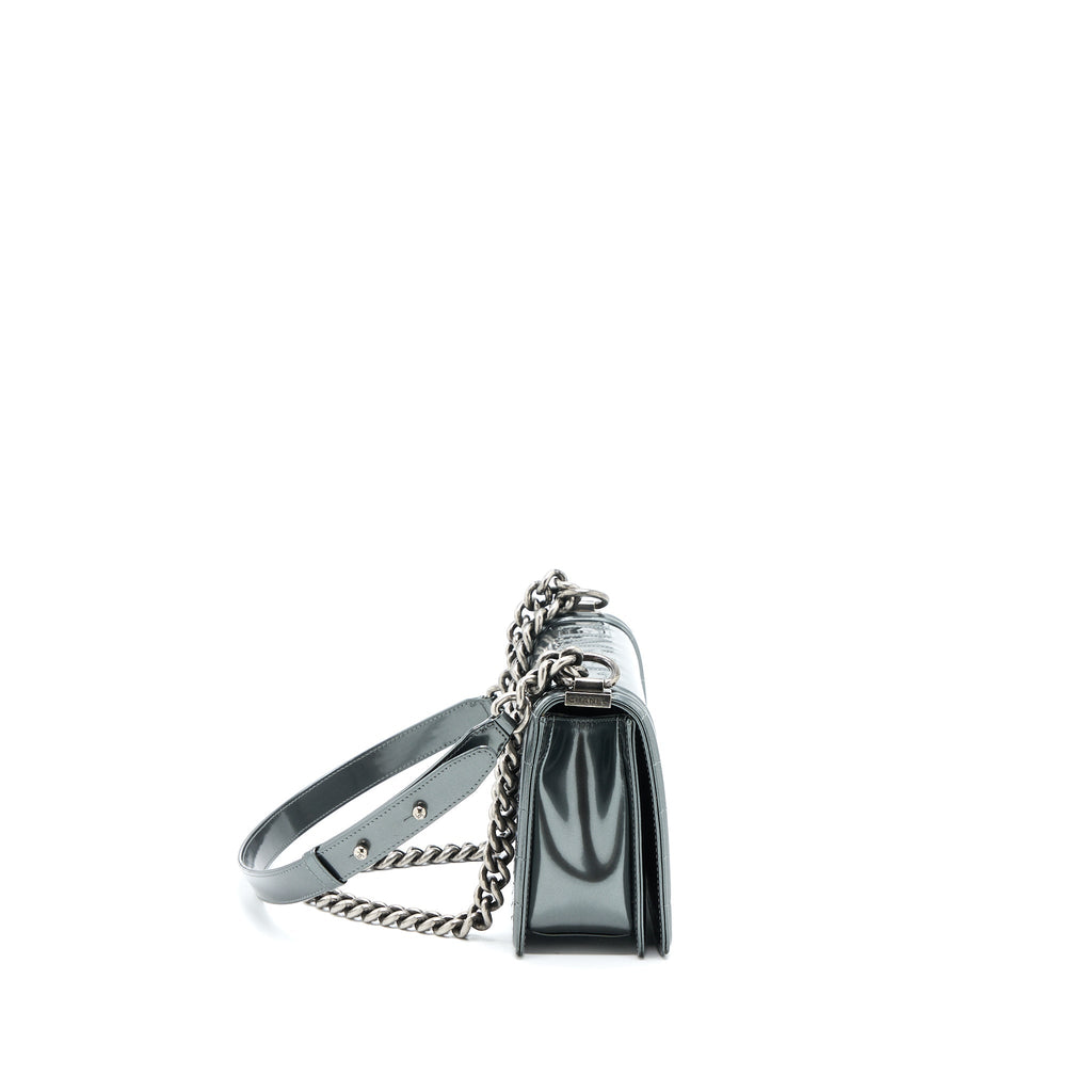 CHANEL MEDIUM BOY BAG PATENT GREY RUTHENIUM SHW
