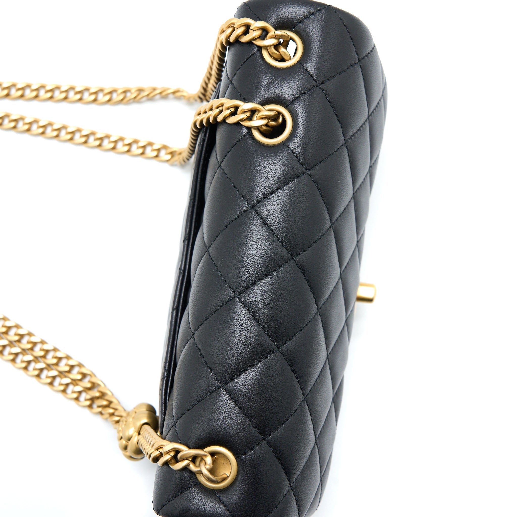 CHANEL 23S CAMELLIA CHAIN MINI RECTANGULAR LAMBSKIN BLACK BRUSHED GHW (MICROCHIP)