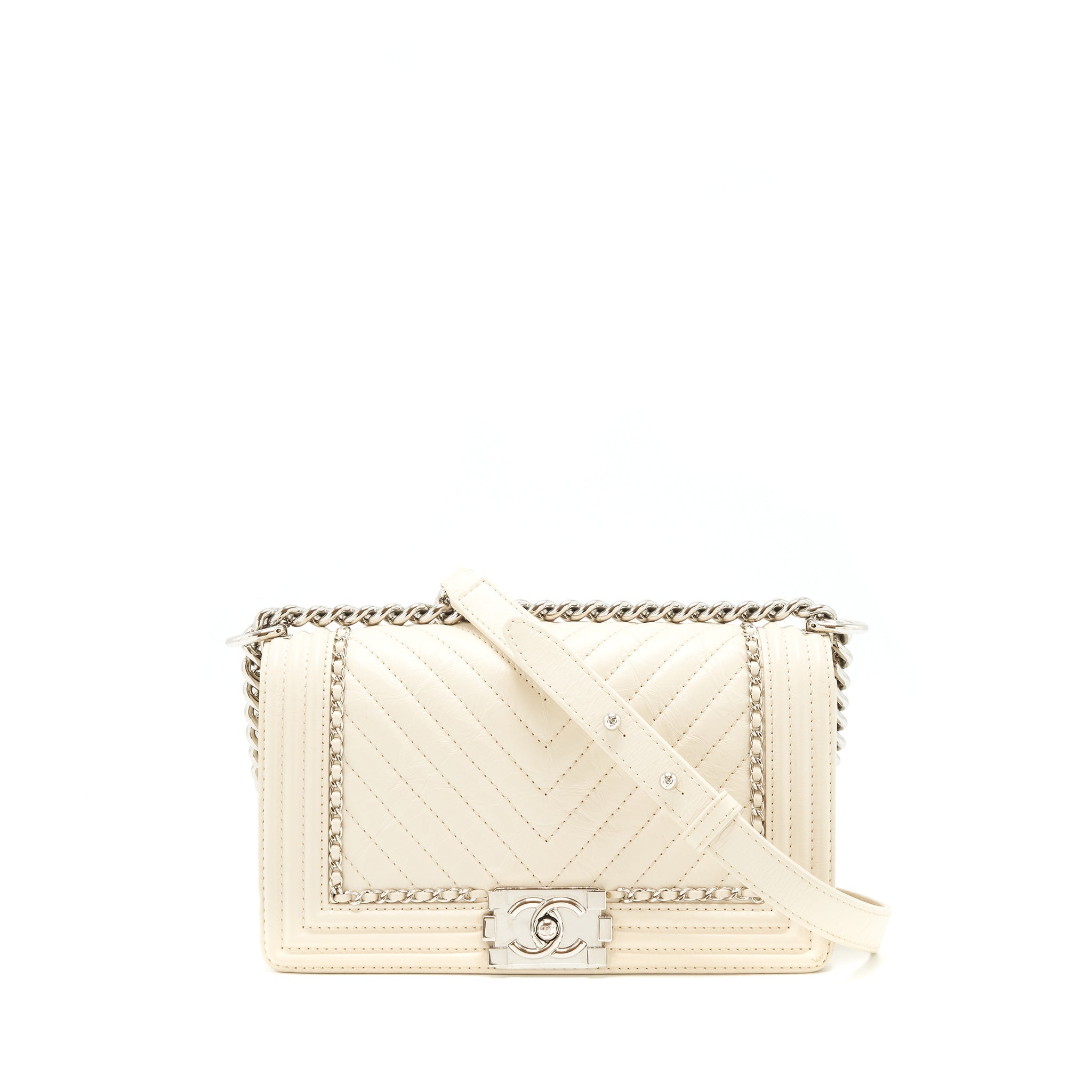 CHANEL MEDIUM BOY BAG CHEVRON LIMITED CALFSKIN IVORY SHW