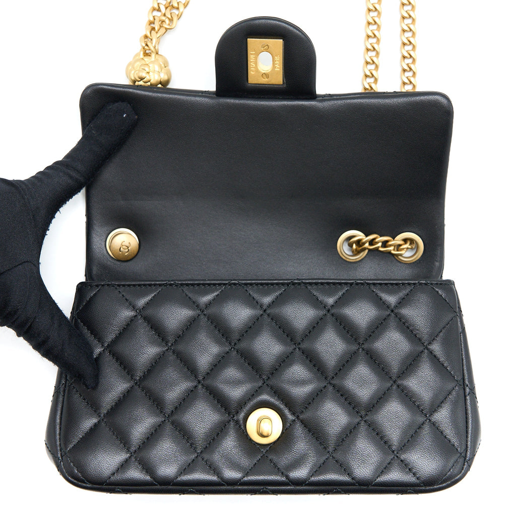 CHANEL 23S CAMELLIA CHAIN MINI RECTANGULAR LAMBSKIN BLACK BRUSHED GHW (MICROCHIP)