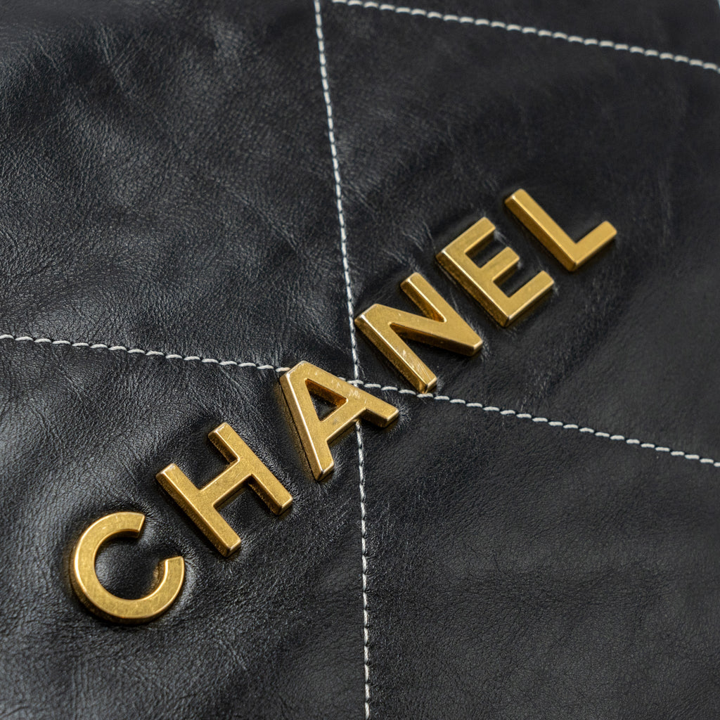 CHANEL SMALL 22 BAG GOLD LETTER SHINY CALFSKIN BLACK BRUSHED GHW(MICROCHIP)