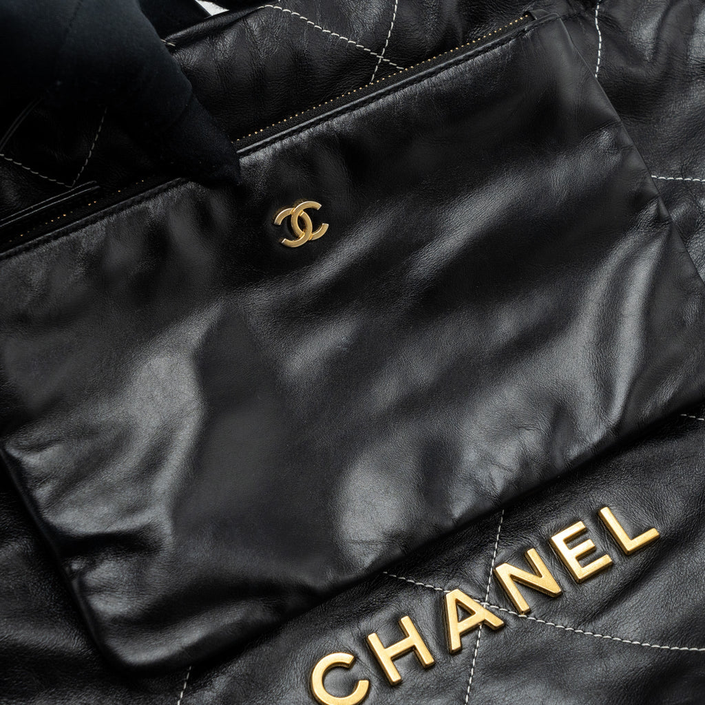 CHANEL SMALL 22 BAG GOLD LETTER SHINY CALFSKIN BLACK BRUSHED GHW(MICROCHIP)