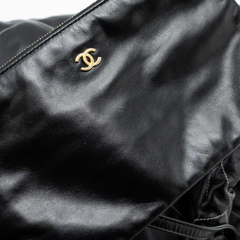 CHANEL SMALL 22 BAG GOLD LETTER SHINY CALFSKIN BLACK BRUSHED GHW(MICROCHIP)