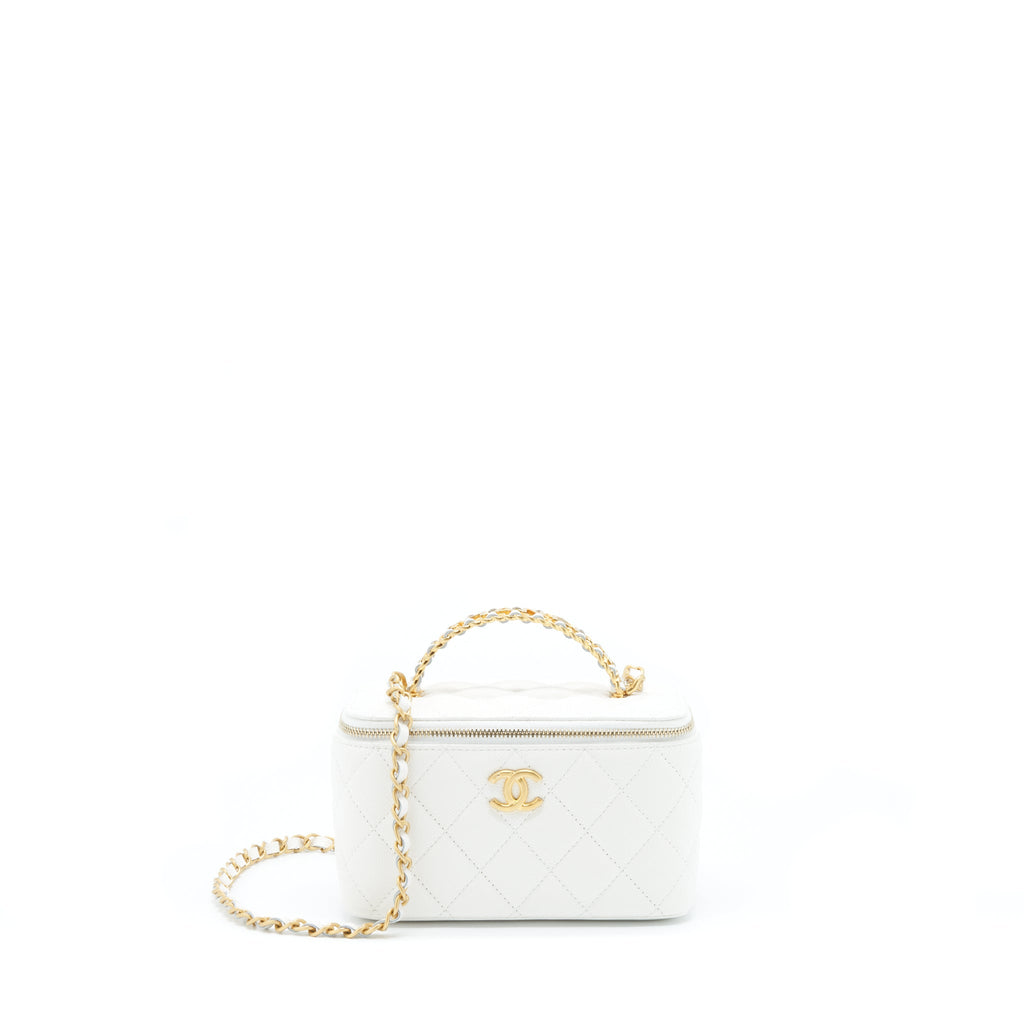CHANEL 22S LOGO TOP HANDLE LONG VANITY WITH CHAIN CAVIAR WHITE GHW
