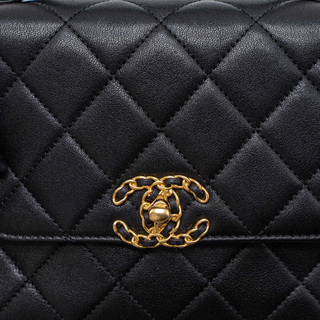 CHANEL TOP HANDLE FLAP BAG DETAILED LOGO GOATSKIN BLACK GHW