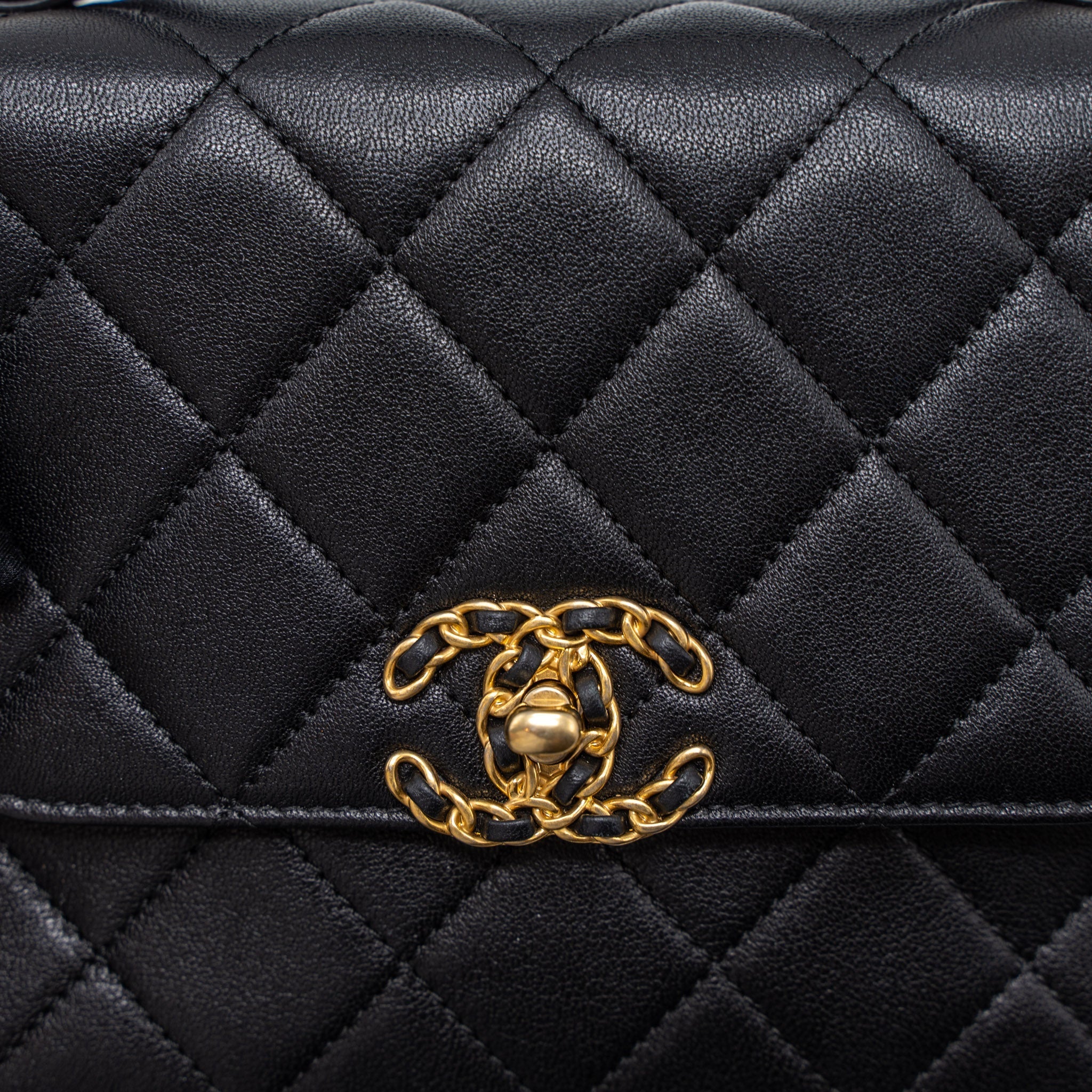 CHANEL TOP HANDLE FLAP BAG DETAILED LOGO GOATSKIN BLACK GHW