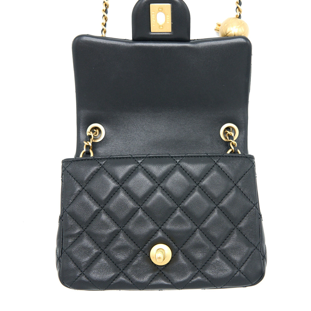 CHANEL PEARL CRUSH MINI SQUARE LAMBSKIN BLACK BRUSHED GHW (MICROCHIP)