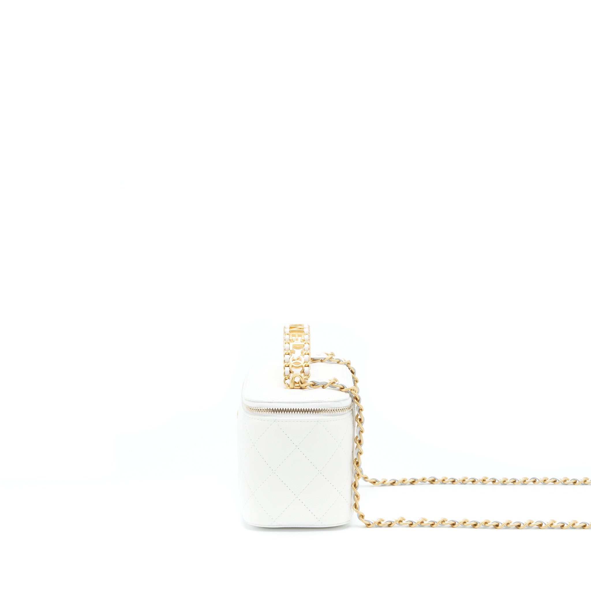 CHANEL 22S LOGO TOP HANDLE LONG VANITY WITH CHAIN CAVIAR WHITE GHW