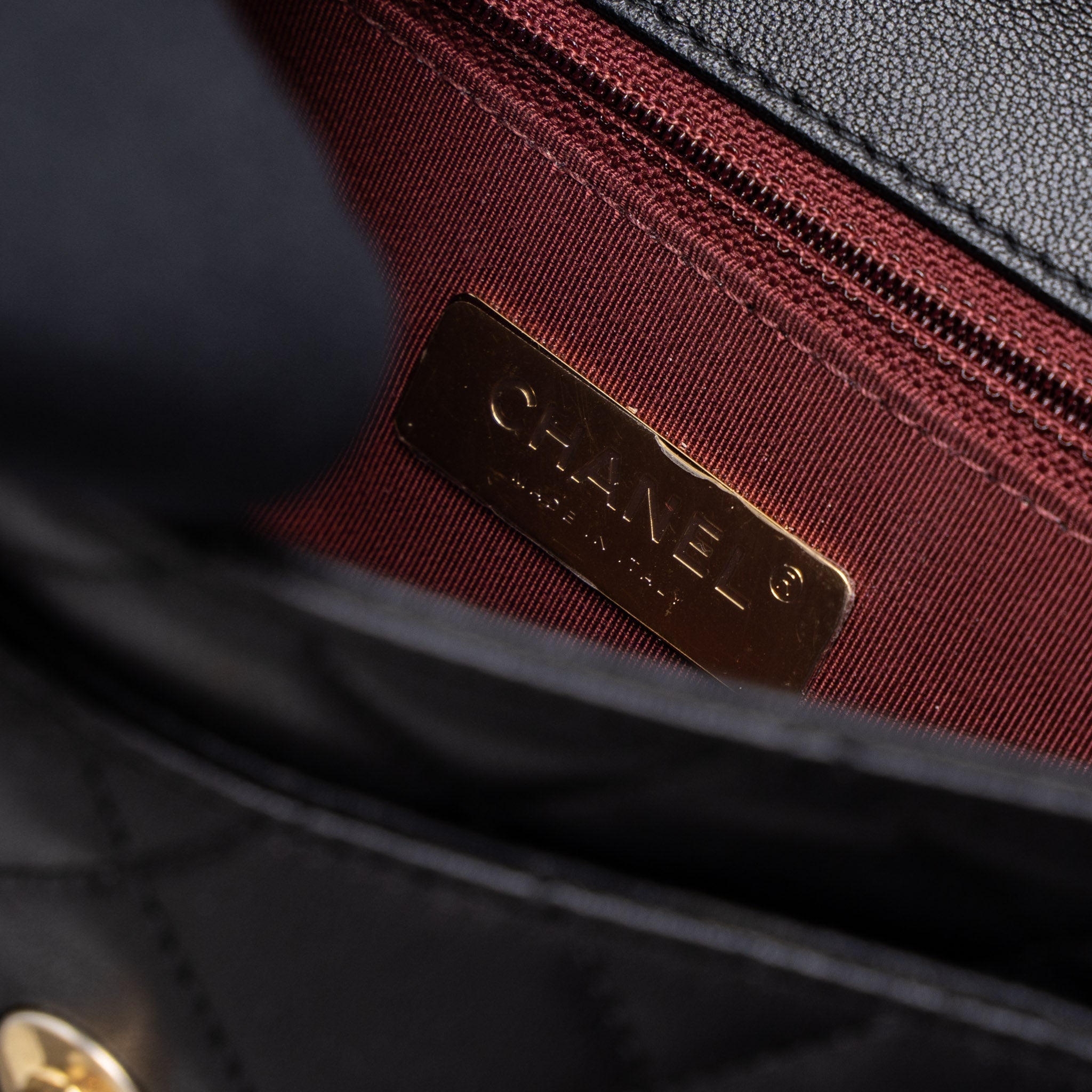CHANEL TOP HANDLE FLAP BAG DETAILED LOGO GOATSKIN BLACK GHW