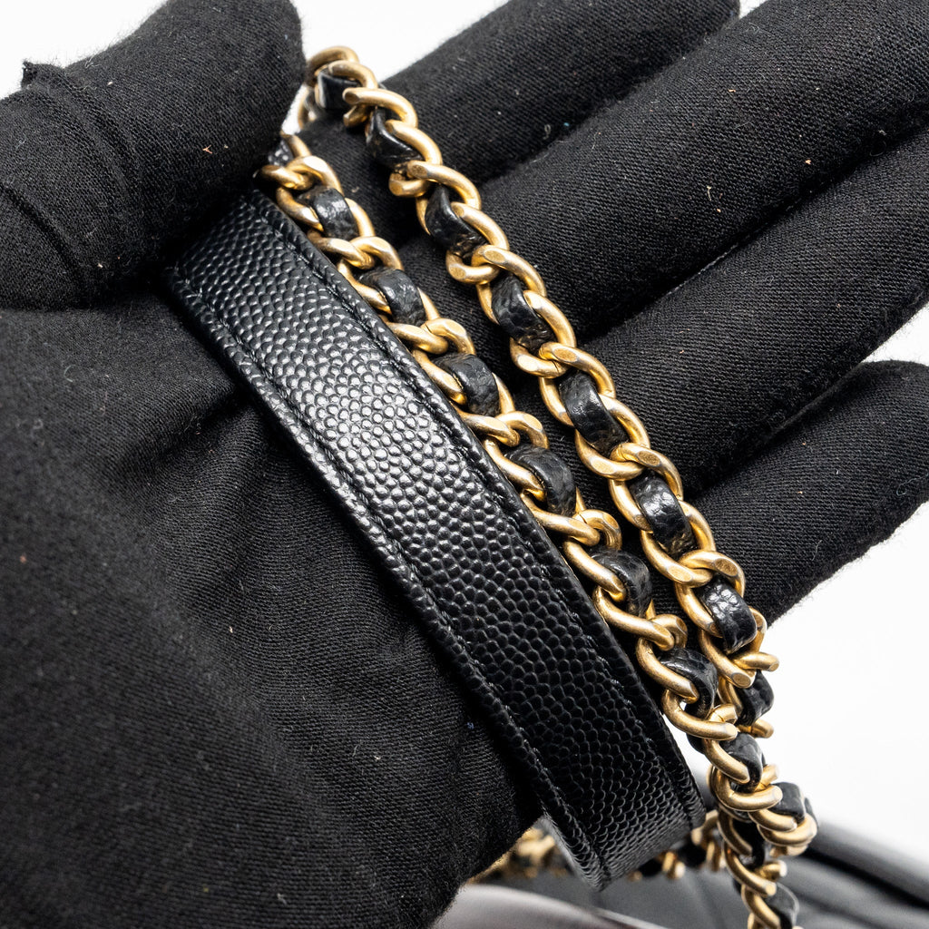 CHANEL SMALL COCO HANDLE CHEVRON CAVIAR WITH LIZARD EMBOSSED HANDLE BLACK/ BURGUNDY GHW