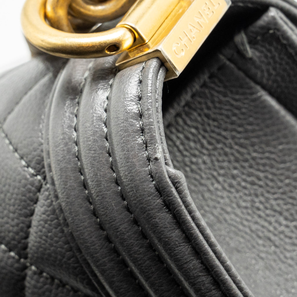 CHANEL SMALL BOY BAG CAVIAR DARK GREY GHW (MICROCHIP)