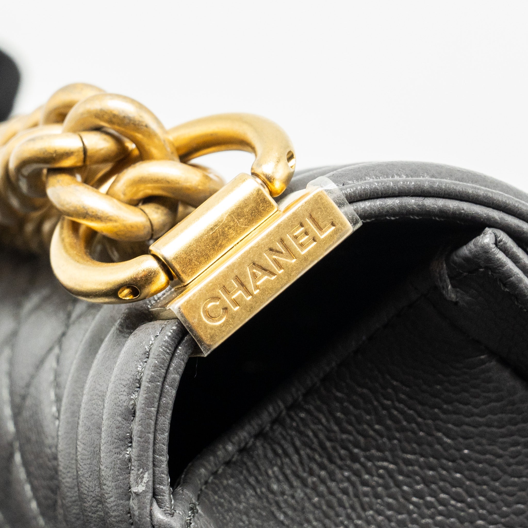 CHANEL SMALL BOY BAG CAVIAR DARK GREY GHW (MICROCHIP)