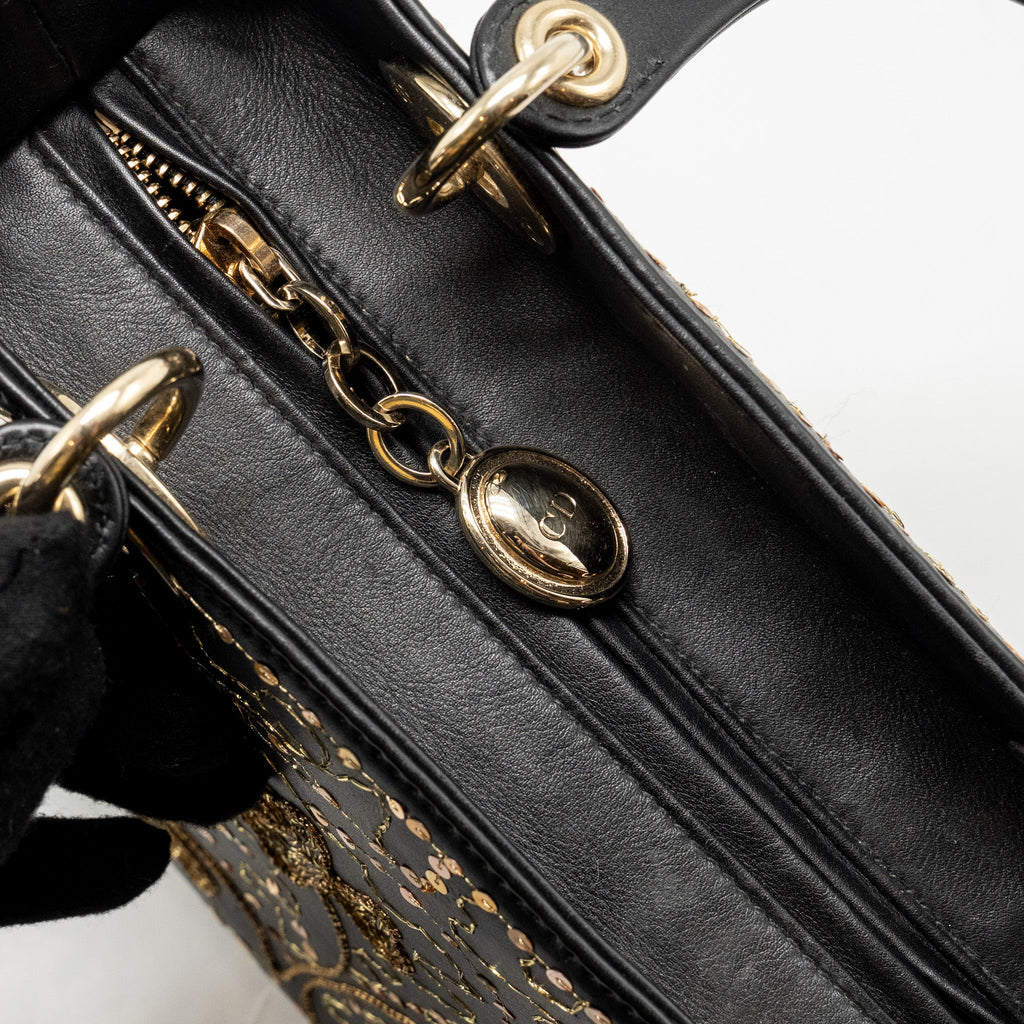 DIOR MEDIUM LADY DIOR EMBROIDERED FLORAL LIMITED EDITION LEATHER BLACK/GOLD GHW