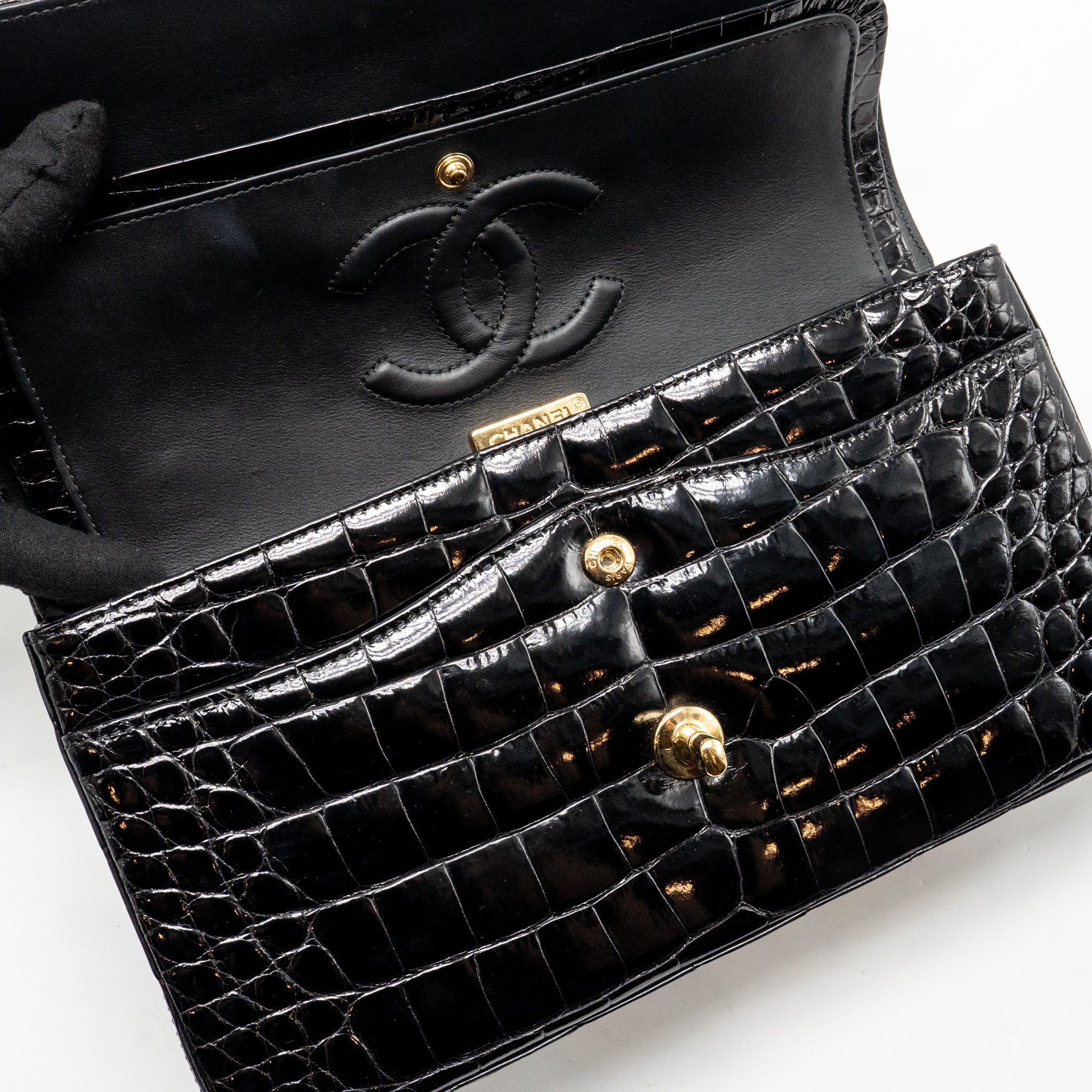 CHANEL MEDIUM CLASSIC DOUBLE FLAP BAG ALLIGATOR MISSISSIPPIENSIS BLACK GHW