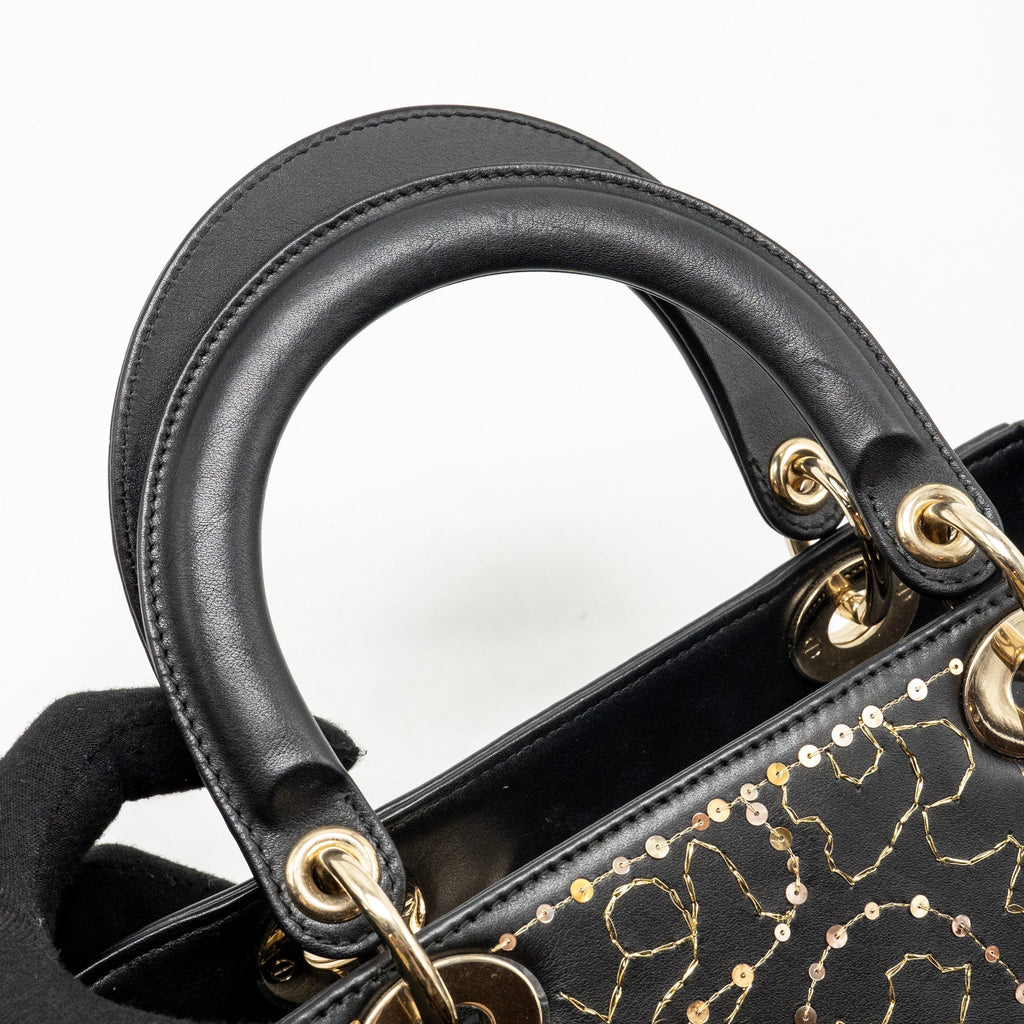 DIOR MEDIUM LADY DIOR EMBROIDERED FLORAL LIMITED EDITION LEATHER BLACK/GOLD GHW