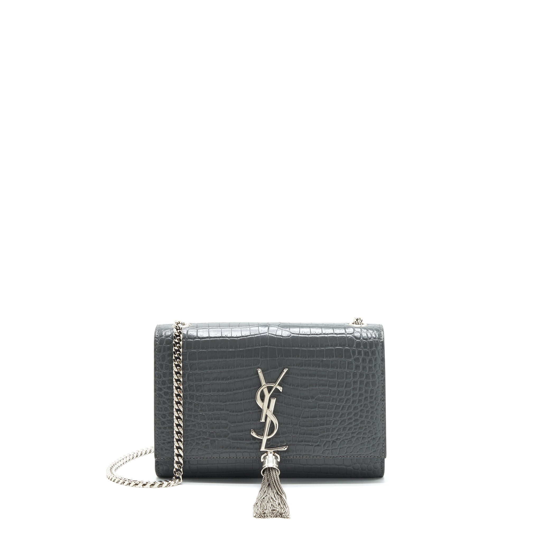 SAINT LAURENT KATE TASSEL CROC EMBOSSED CALFSKIN GREY SHW