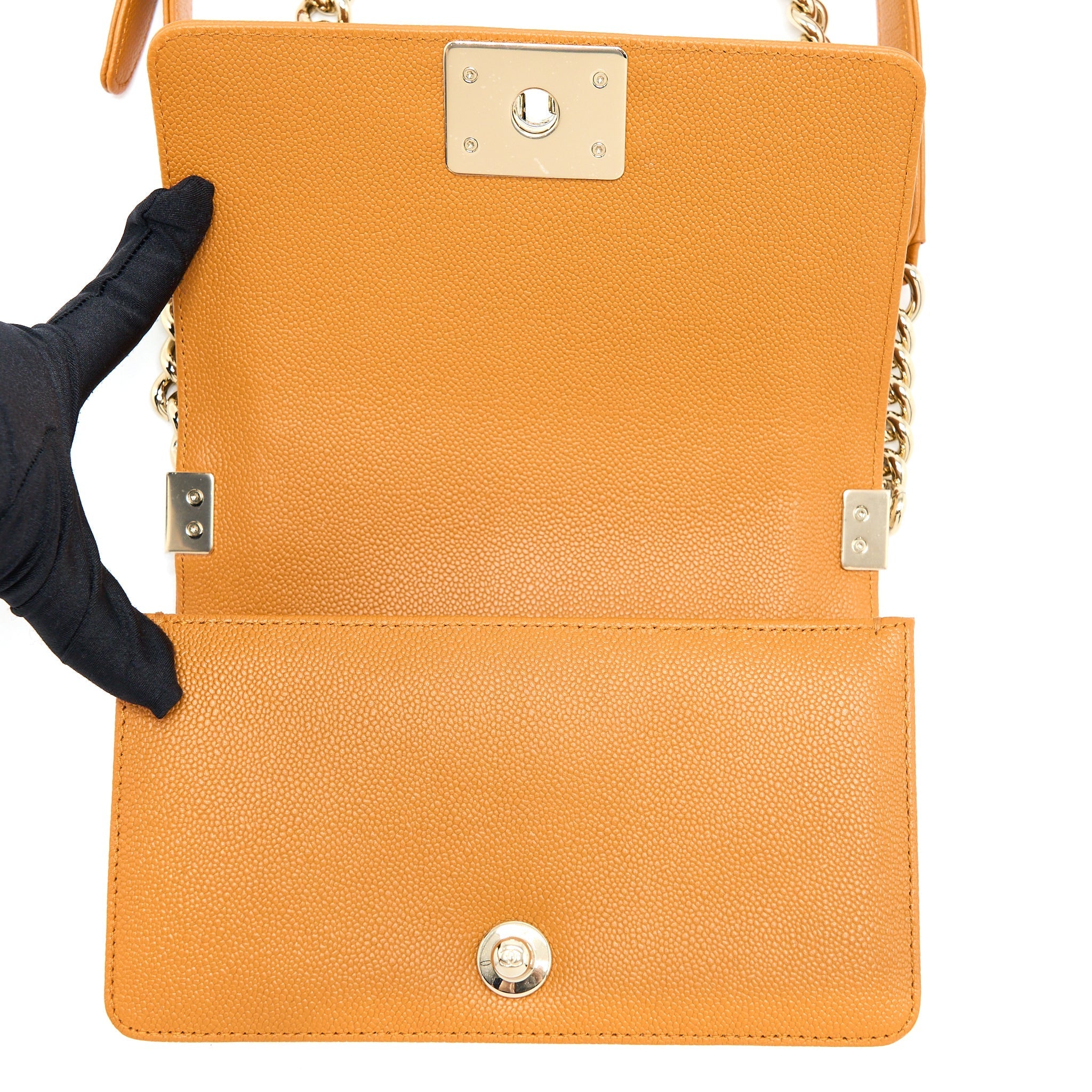 CHANEL SMALL BOY BAG CAVIAR 21A NC630 CARAMEL LGHW (MICROCHIP)