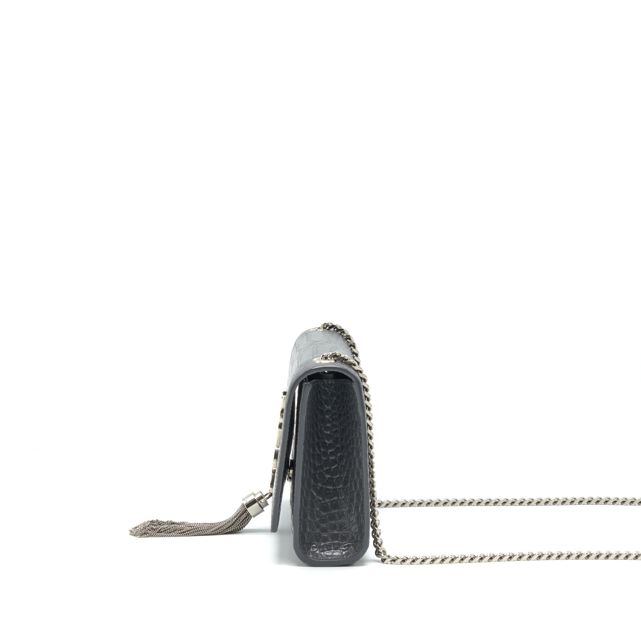 SAINT LAURENT KATE TASSEL CROC EMBOSSED CALFSKIN GREY SHW