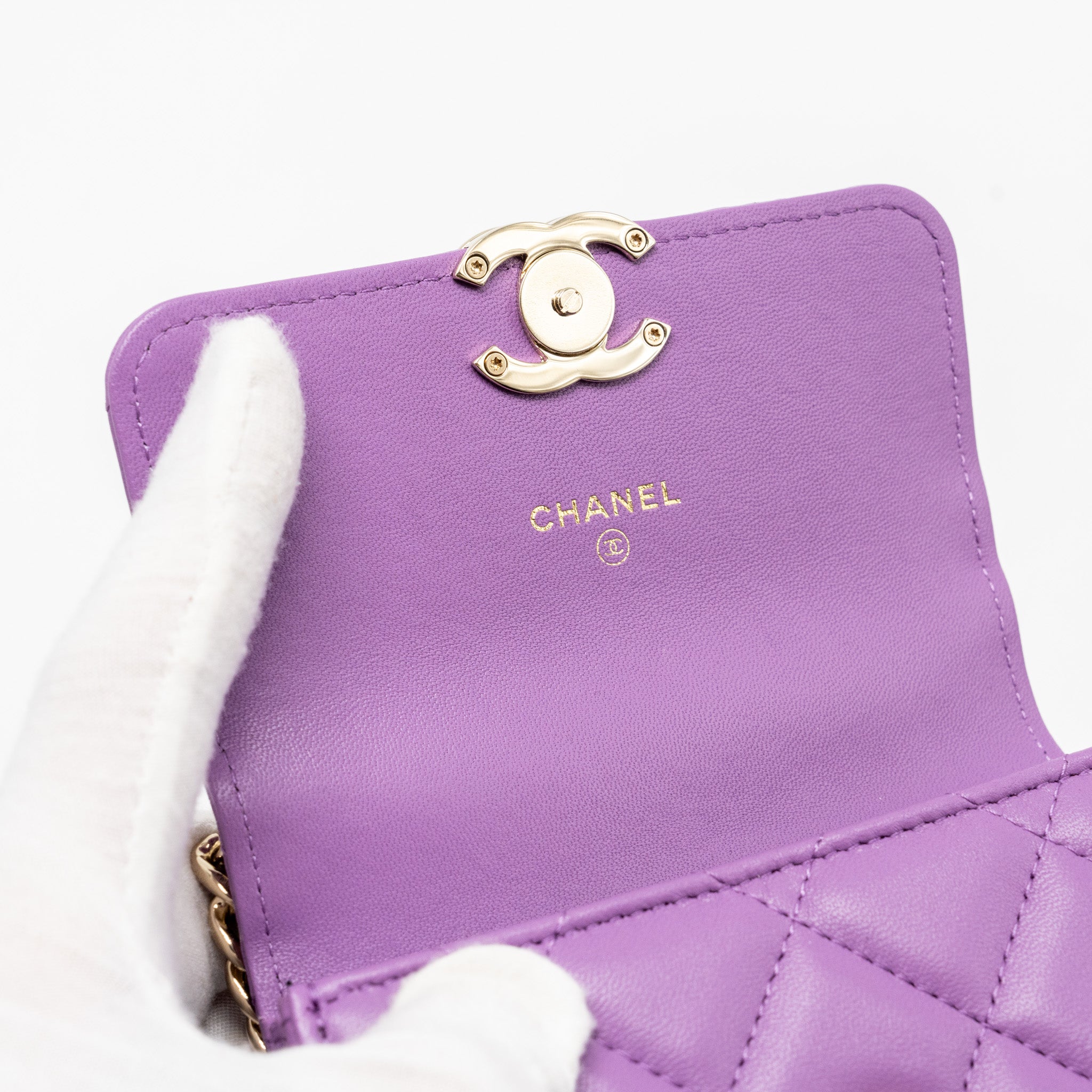 CHANEL DETAILED TOP HANDLE FLAP MINI CLUTCH WITH CHAIN LAMBSKIN PURPLE LGHW (MICROCHIP)