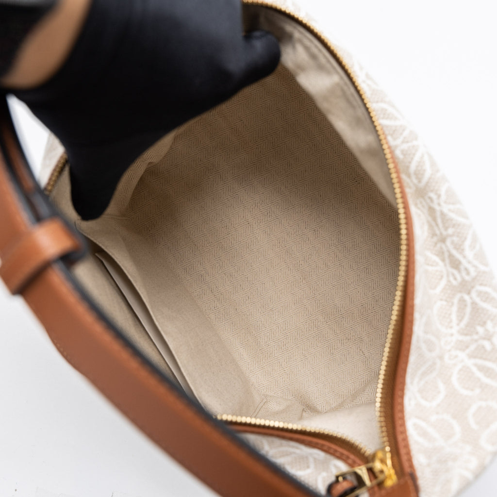 LOEWE MEDIUM CUBI ANAGRAM BAG TRIMMED LEATHER/JACQUARD CANVAS BEIGE/BROWN GHW