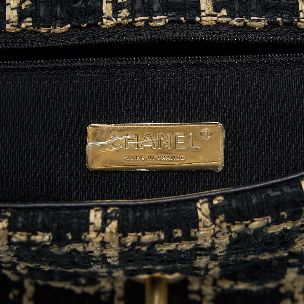 CHANEL TWEED SMALL 19 FLAP BAG BLACK/ GOLD WITH GOLD AND SILVER HARDWARE