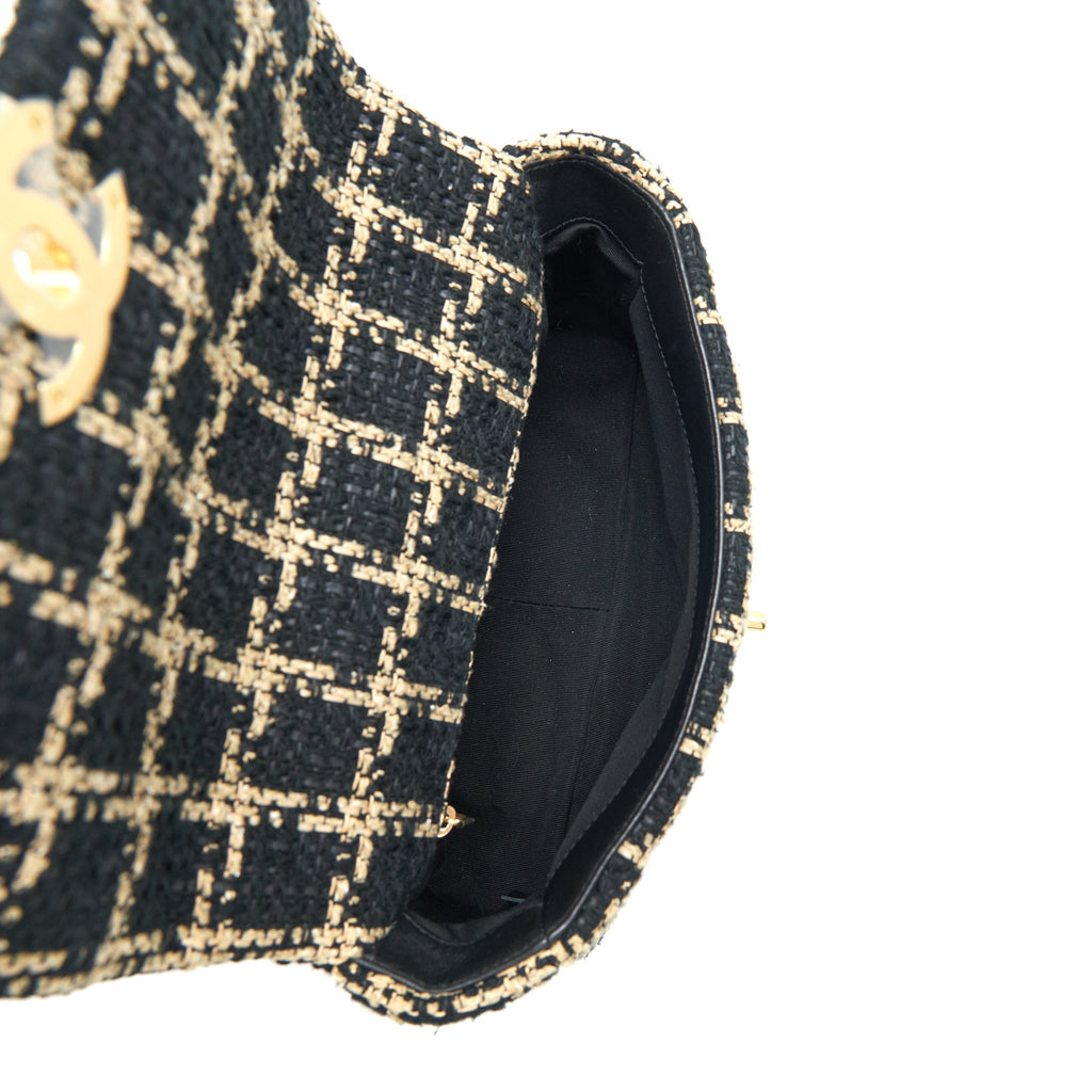 CHANEL TWEED SMALL 19 FLAP BAG BLACK/ GOLD WITH GOLD AND SILVER HARDWARE