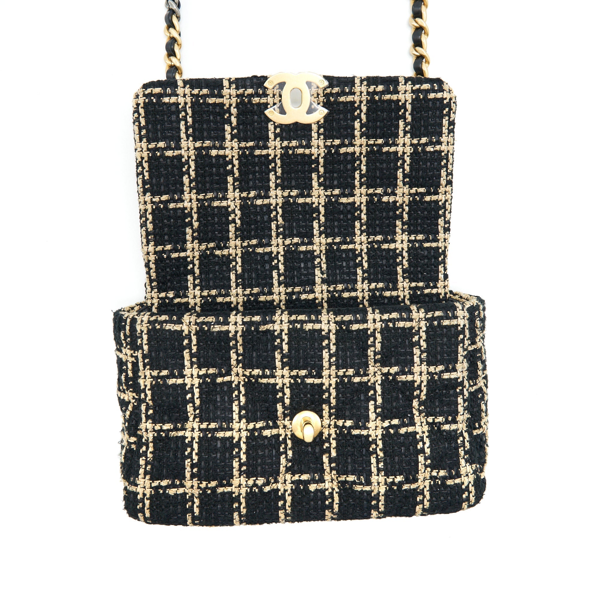 CHANEL TWEED SMALL 19 FLAP BAG BLACK/ GOLD WITH GOLD AND SILVER HARDWARE