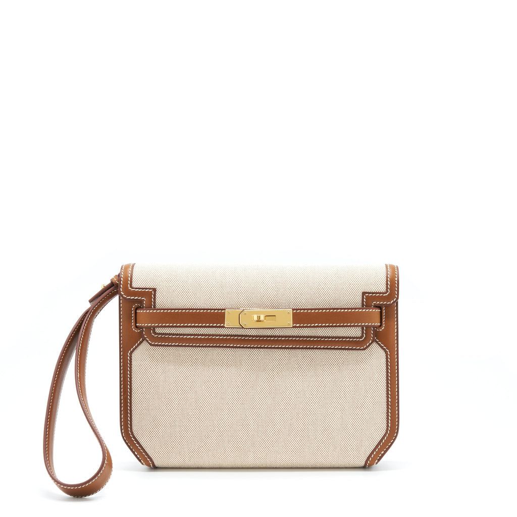 HERMES POCHETTE KELLY DEPECHES 25 CANVAS/BARENIA LEATHER ECRU BEIGE/ FAUVE GHW