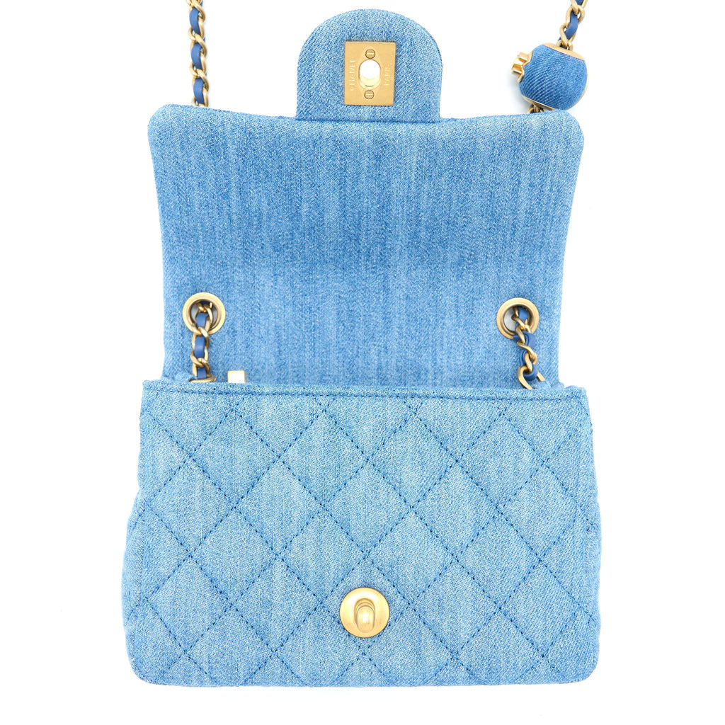 CHANEL PEARL CRUSH MINI SQUARE FLAP BAG DENIM BRUSHED GHW (MICROCHIP)