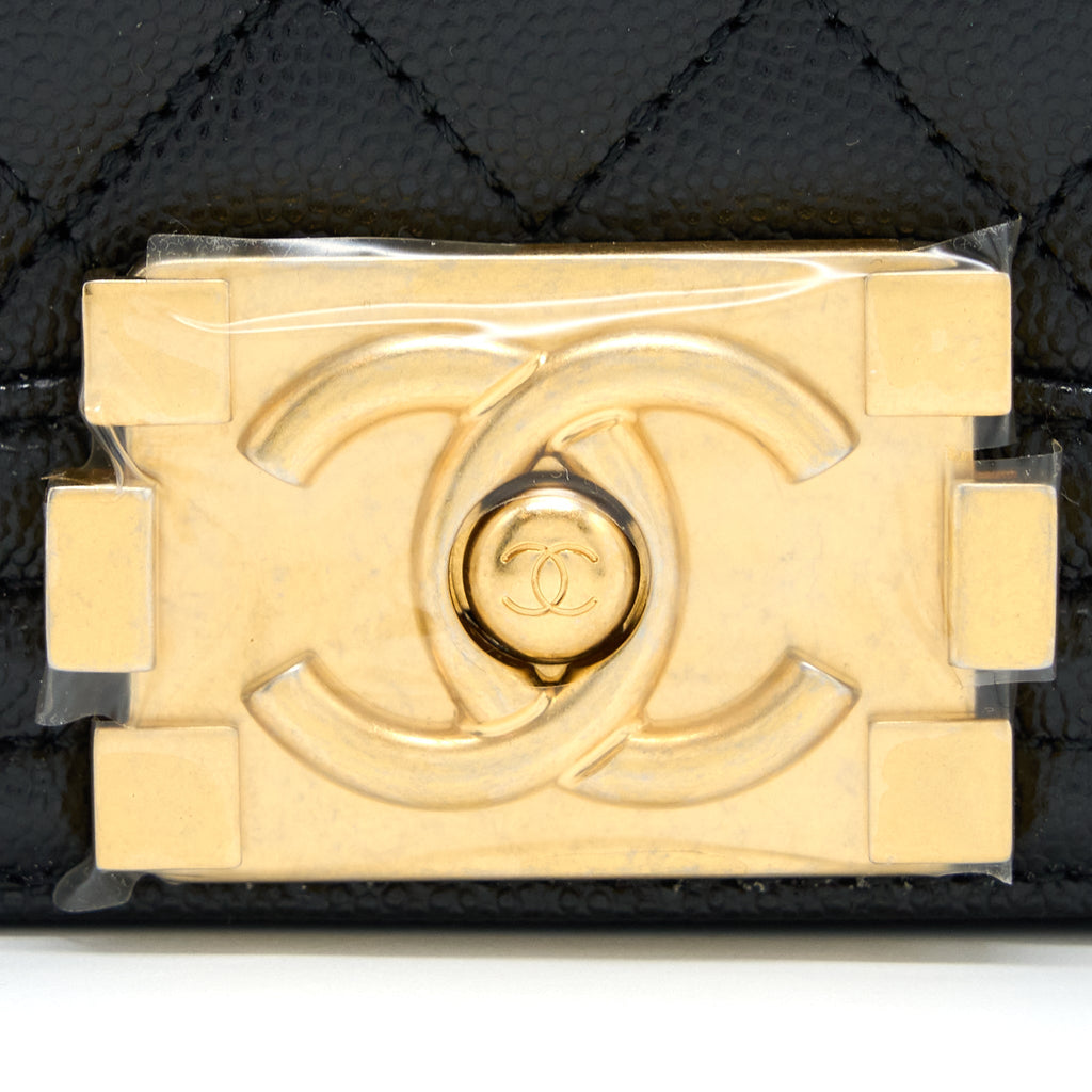 CHANEL SMALL BOY BAG CAVIAR BLACK WITH BRUSHED GHW(MICROCHIP)