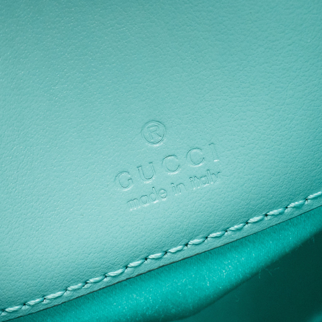 GUCCI GG MARMONT SILK BUCKET CRYSTAL CHAIN BAG FABRIC/ CRYSTAL LIGHT BLUE SHW