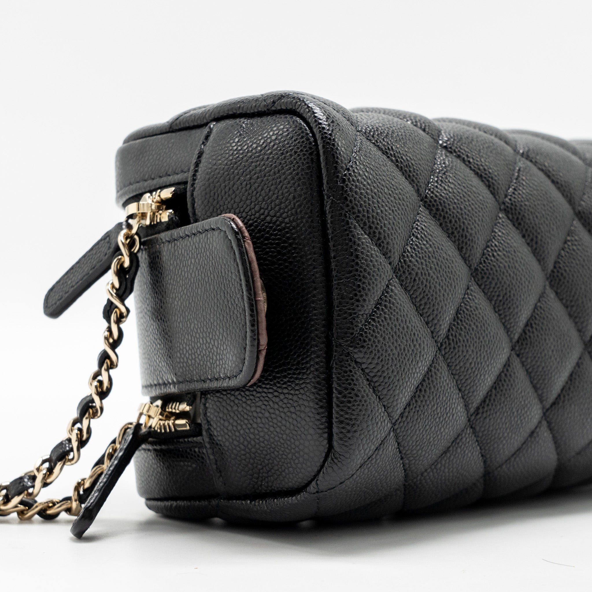 CHANEL DOUBLE ZIP POUCH COSMETIC CASE CAVIAR BLACK GHW (MICROCHIP)