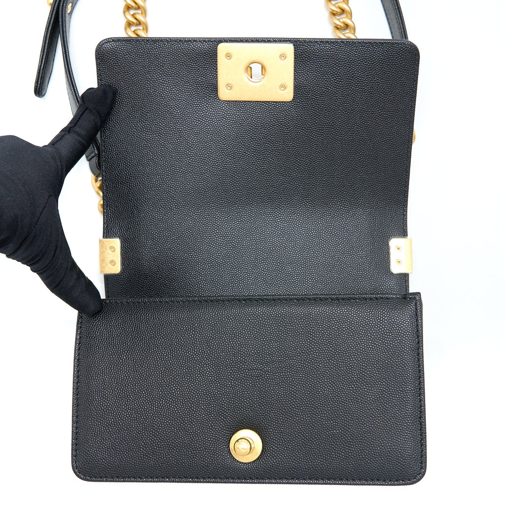 CHANEL SMALL BOY BAG CAVIAR BLACK WITH BRUSHED GHW(MICROCHIP)