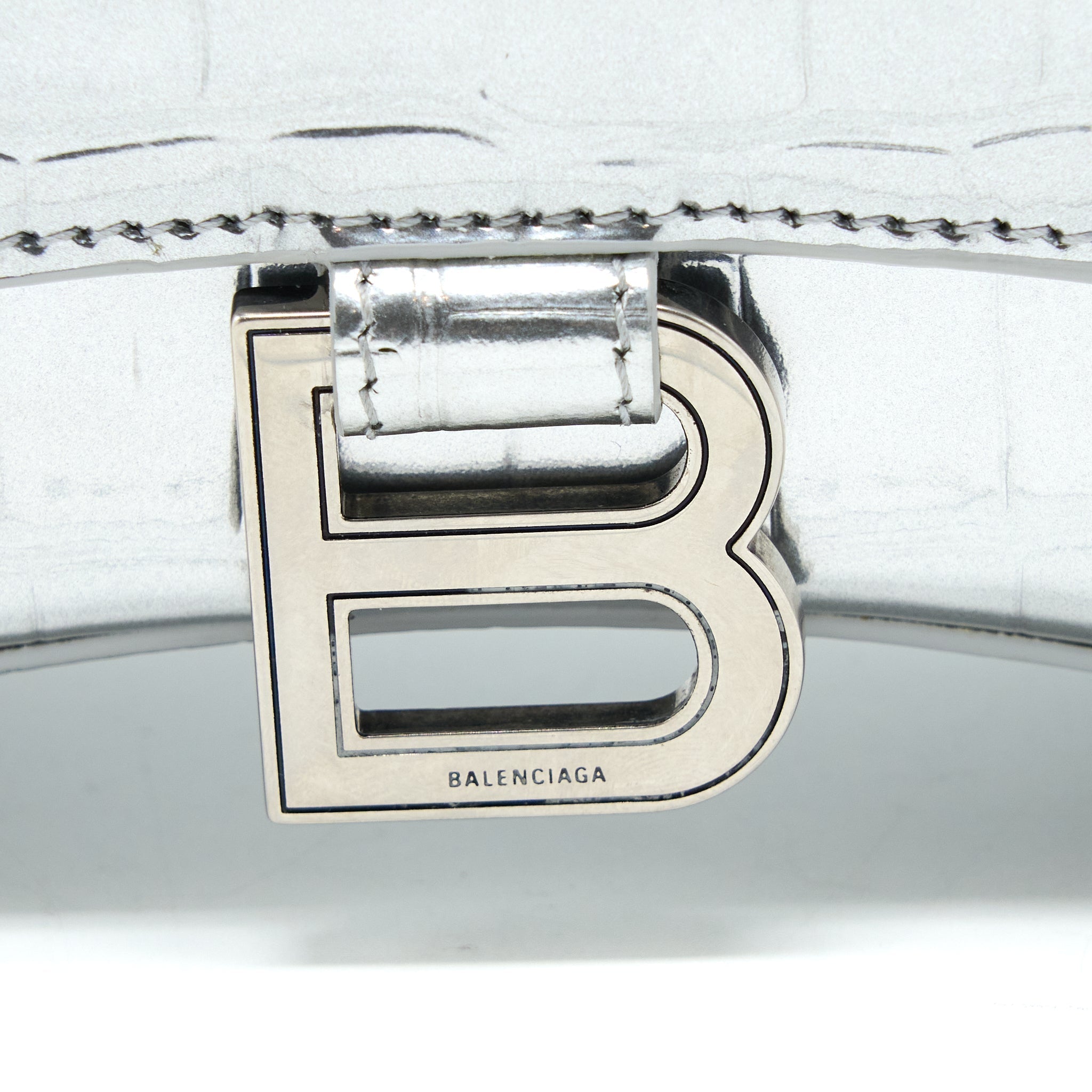 BALENCIAGA HOURGLASS XS EMBOSSED CALFSKIN SILVER SHW