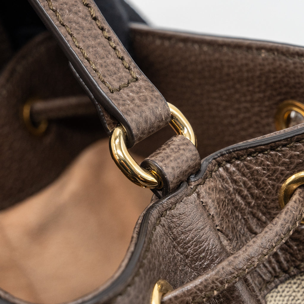 GUCCI OPHIDIA MINI GG BUCKET BAG BEIGE / EBONY GG SUPREME CANVAS GHW