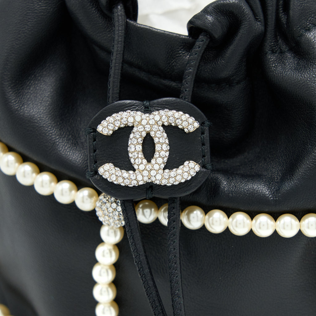 CHANEL BUCKET CRYSTAL CC LOGO PEARL CHAIN BAG LAMBSKIN BLACK SHW