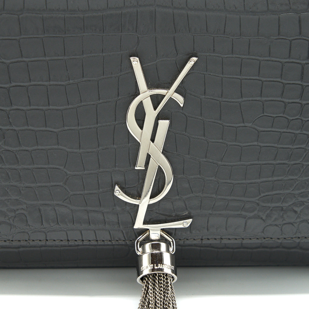 SAINT LAURENT KATE TASSEL CROC EMBOSSED CALFSKIN GREY SHW