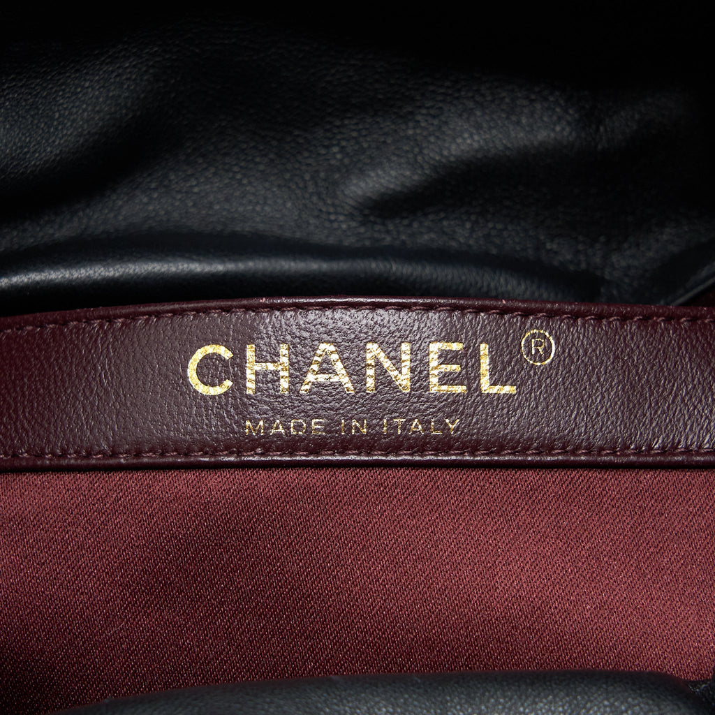 CHANEL BUCKET CRYSTAL CC LOGO PEARL CHAIN BAG LAMBSKIN BLACK SHW