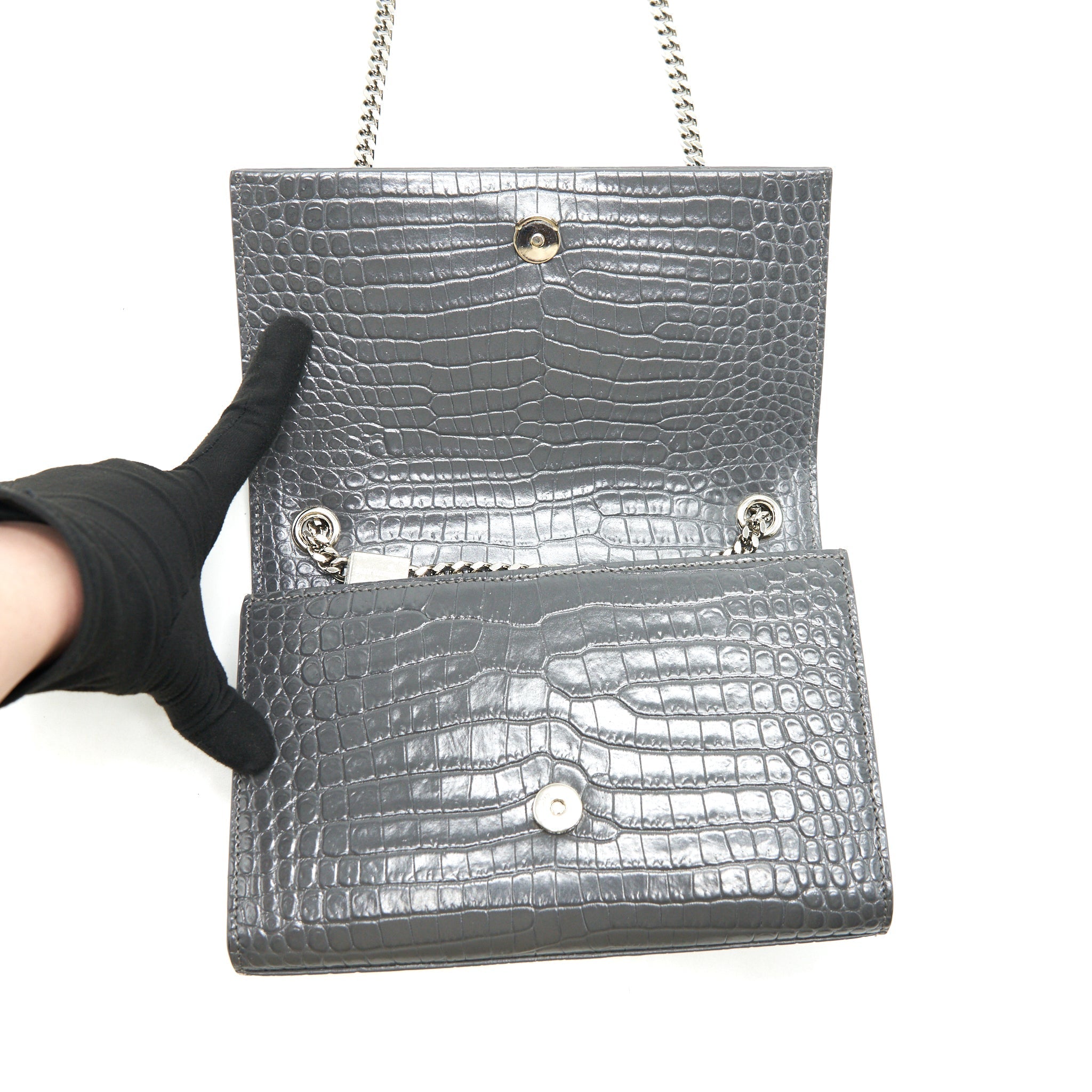 SAINT LAURENT KATE TASSEL CROC EMBOSSED CALFSKIN GREY SHW
