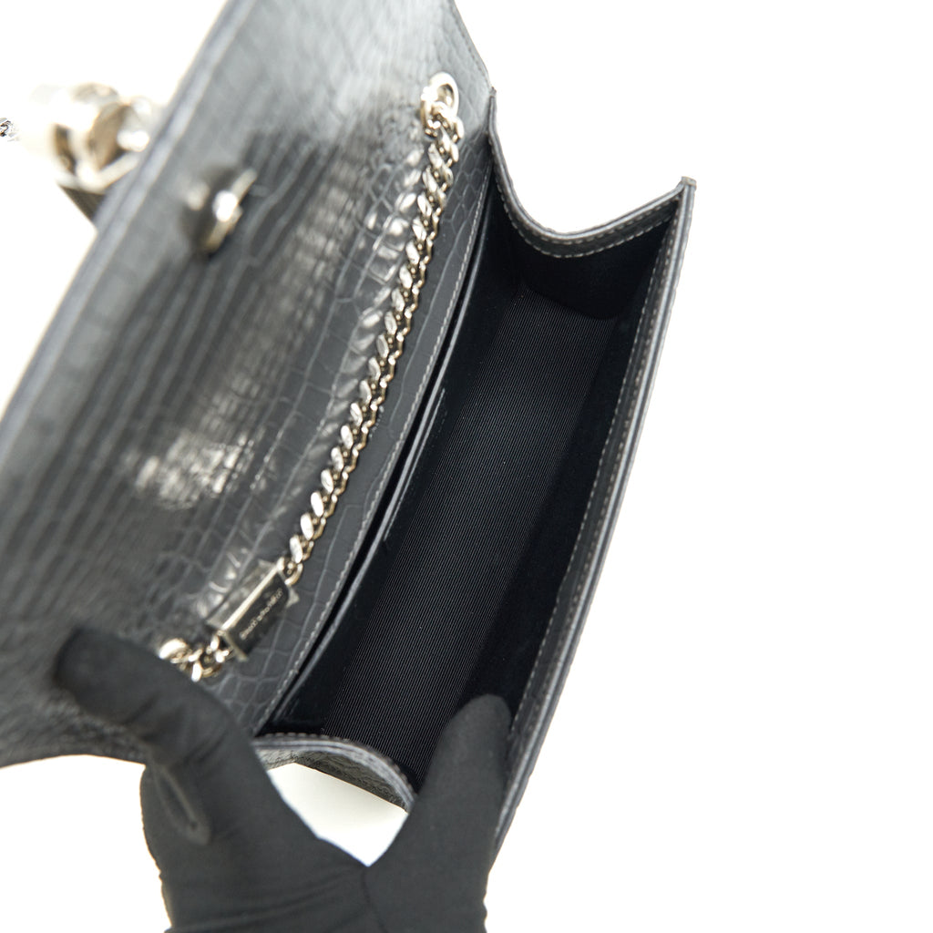 SAINT LAURENT KATE TASSEL CROC EMBOSSED CALFSKIN GREY SHW
