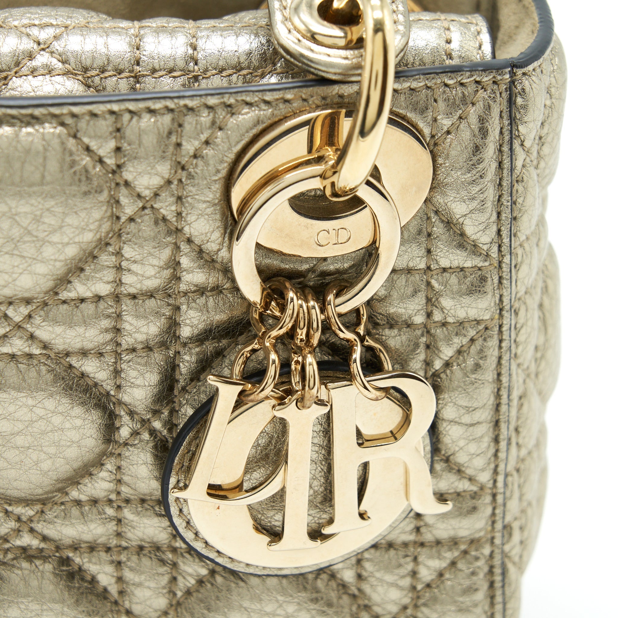 DIOR MINI LADY DIOR SUPPLE GRAINED CALFSKIN METALLIC GOLD LGHW
