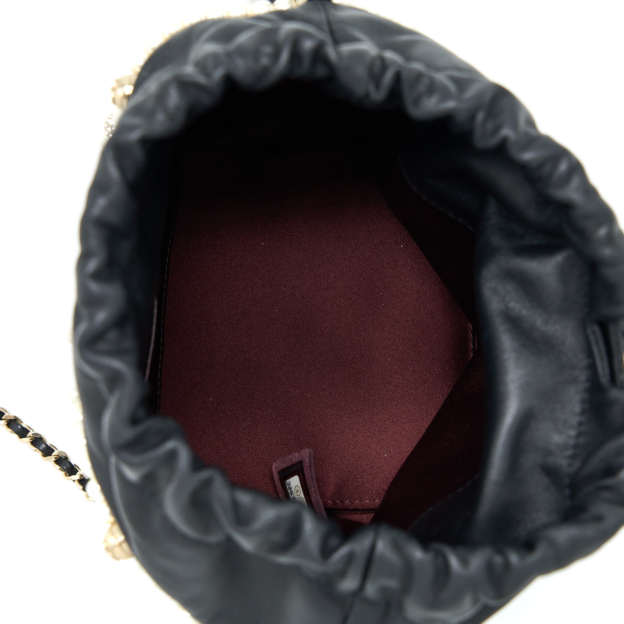 CHANEL BUCKET CRYSTAL CC LOGO PEARL CHAIN BAG LAMBSKIN BLACK SHW