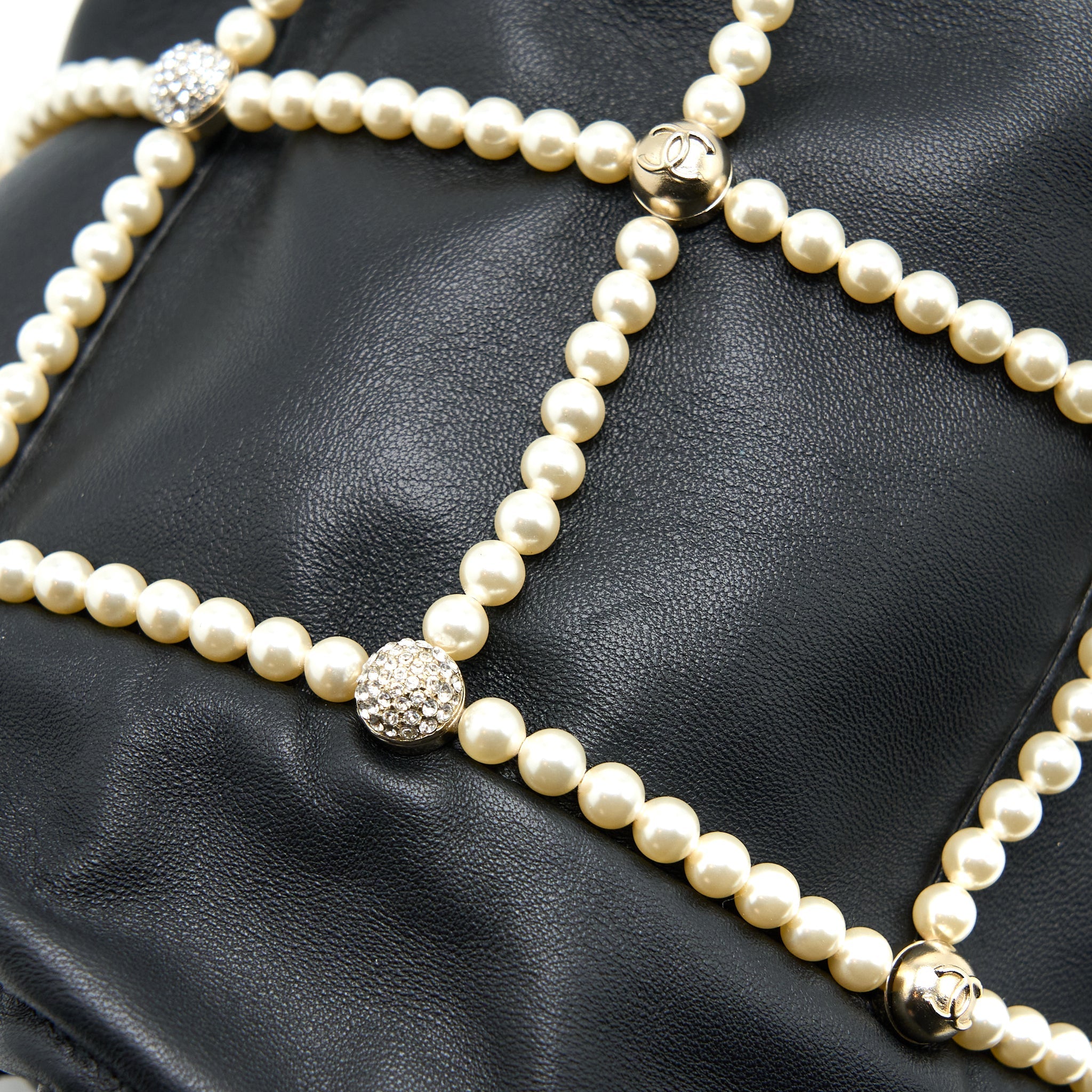 CHANEL BUCKET CRYSTAL CC LOGO PEARL CHAIN BAG LAMBSKIN BLACK SHW
