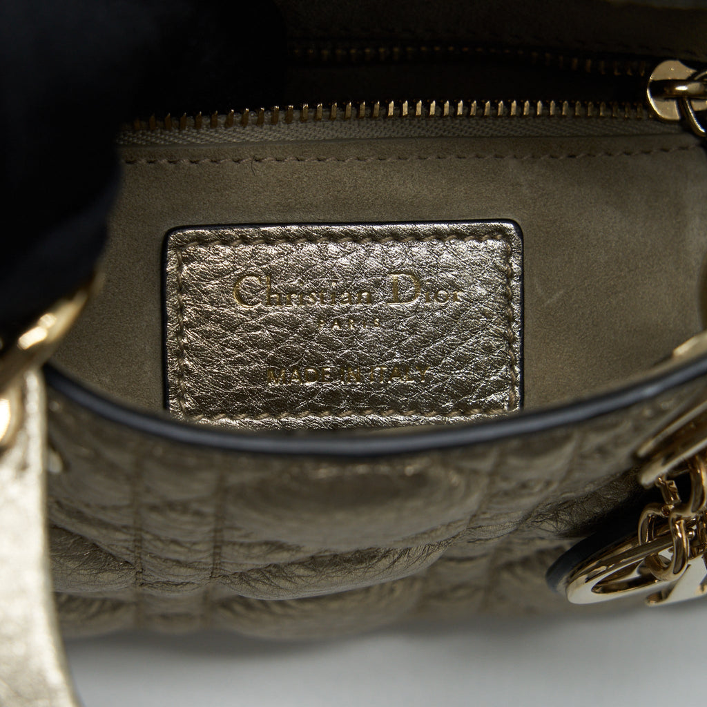 DIOR MINI LADY DIOR SUPPLE GRAINED CALFSKIN METALLIC GOLD LGHW