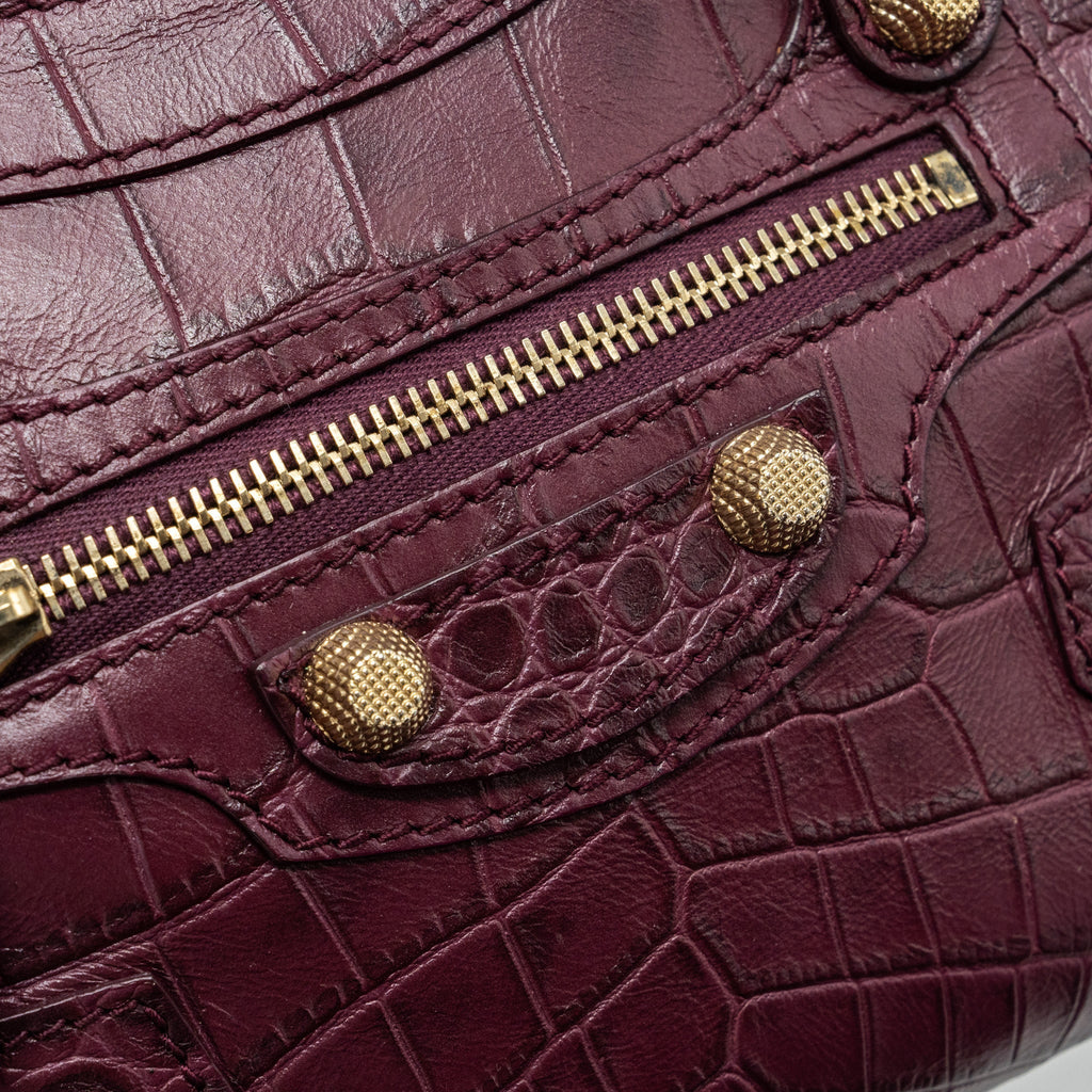 BALENCIAGA MINI CITY BAG CROC EMBOSSED CALFSKIN BURGUNDY GHW