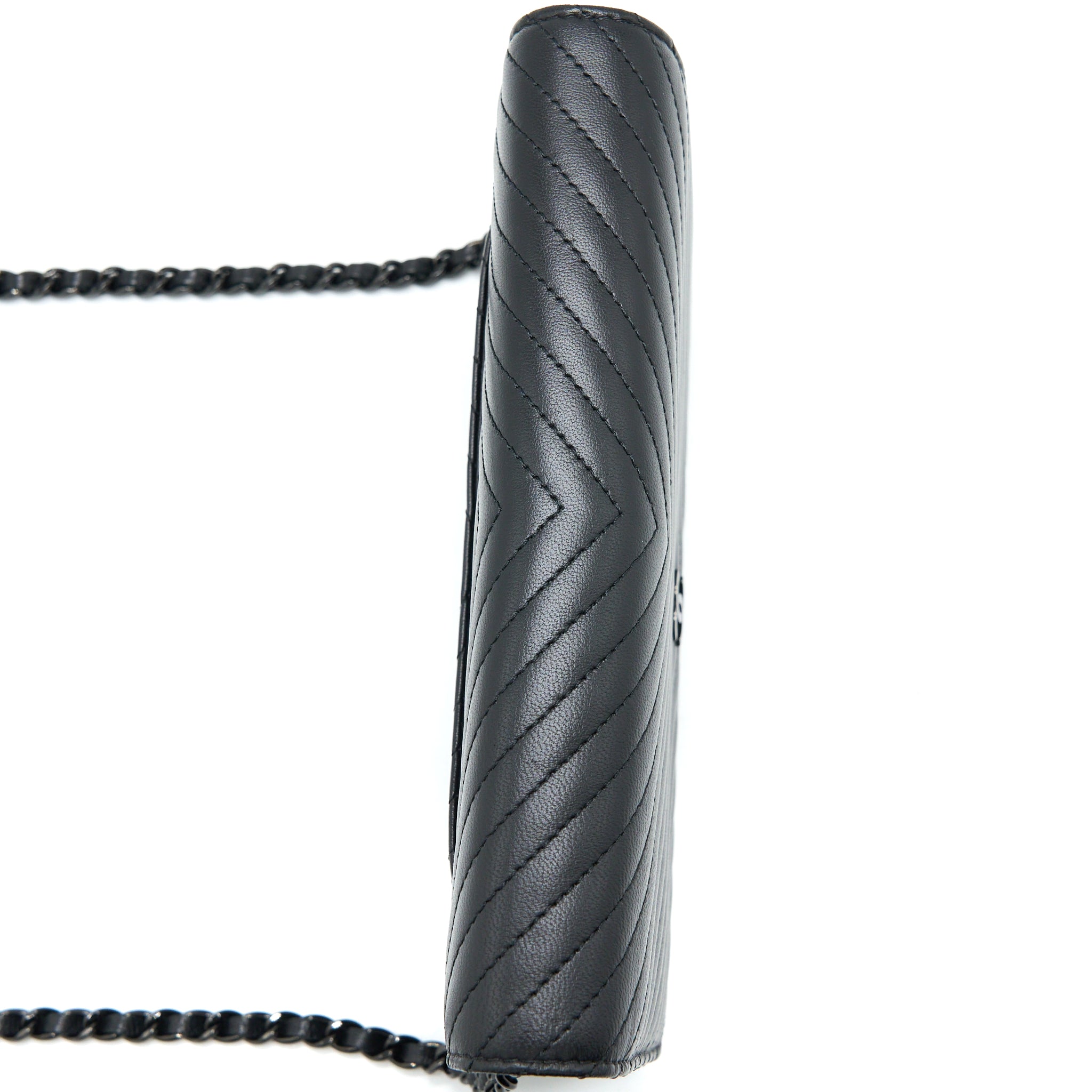 CHANEL CHEVRON WALLET ON CHAIN BLACK WITH BLACK HARDWARE