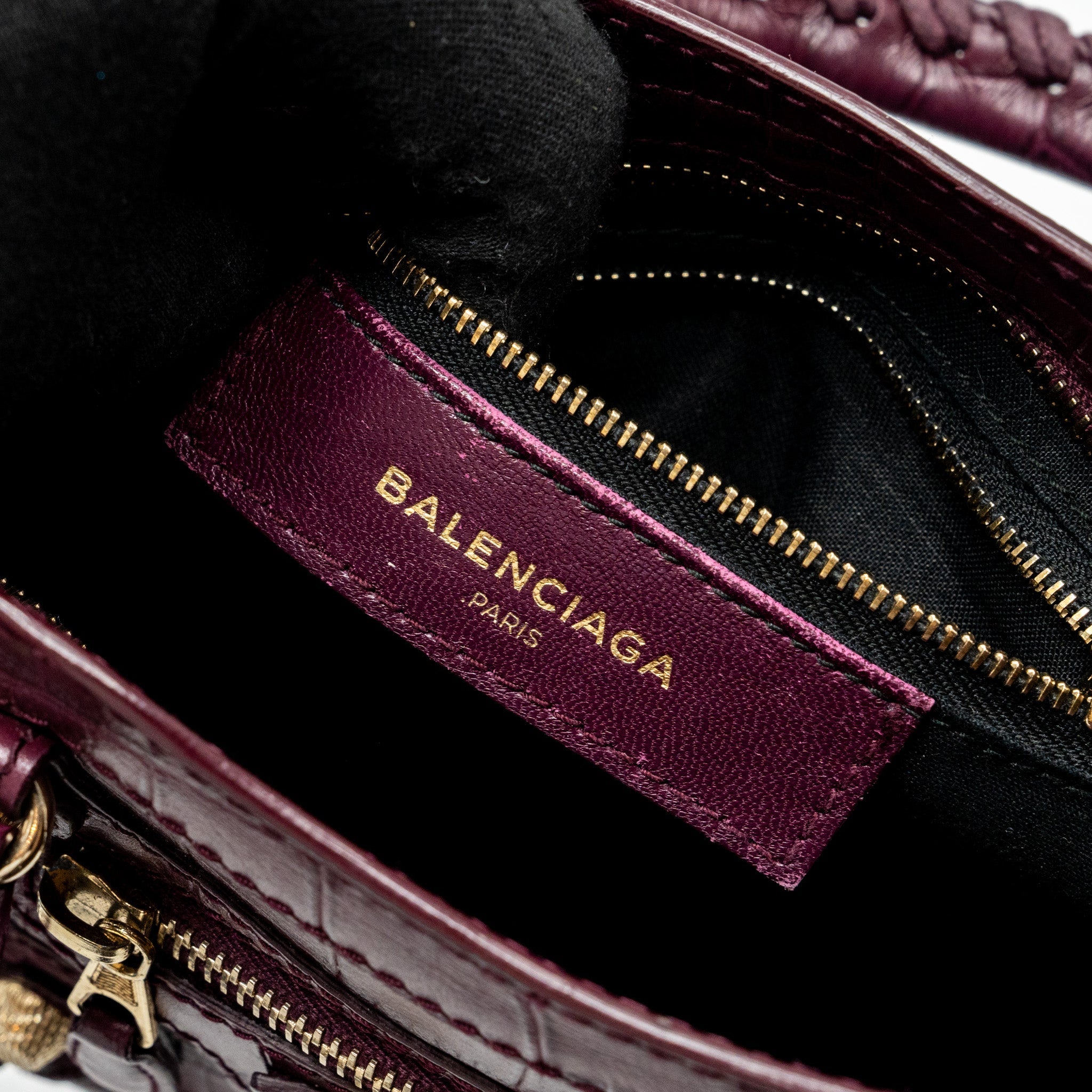BALENCIAGA MINI CITY BAG CROC EMBOSSED CALFSKIN BURGUNDY GHW