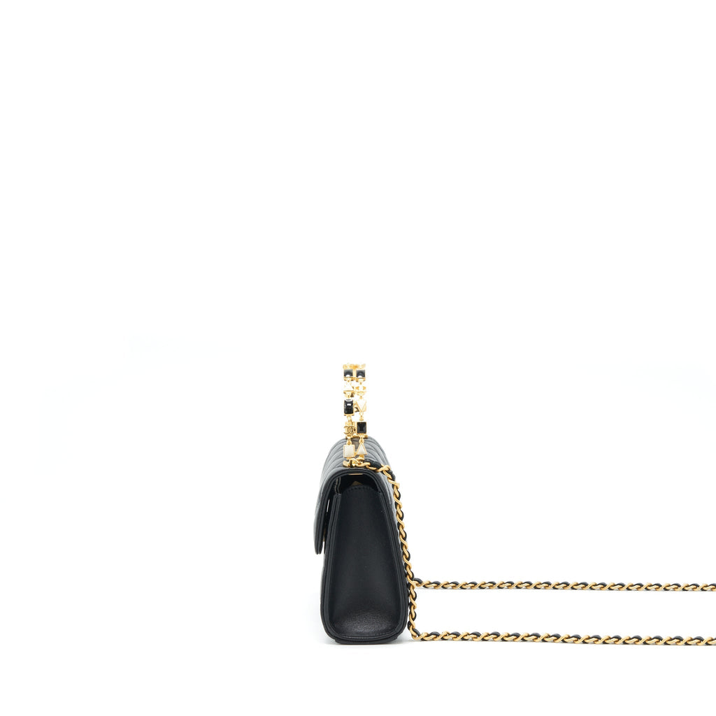 CHANEL 22B FLAP BAG WITH ENAMEL/CC LOGO TOP HANDLE LAMBSKIN BLACK BRUSHED GHW