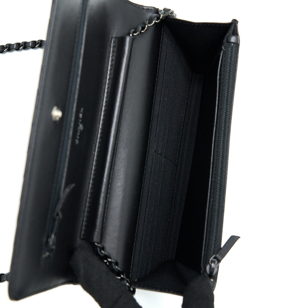 CHANEL CHEVRON WALLET ON CHAIN BLACK WITH BLACK HARDWARE