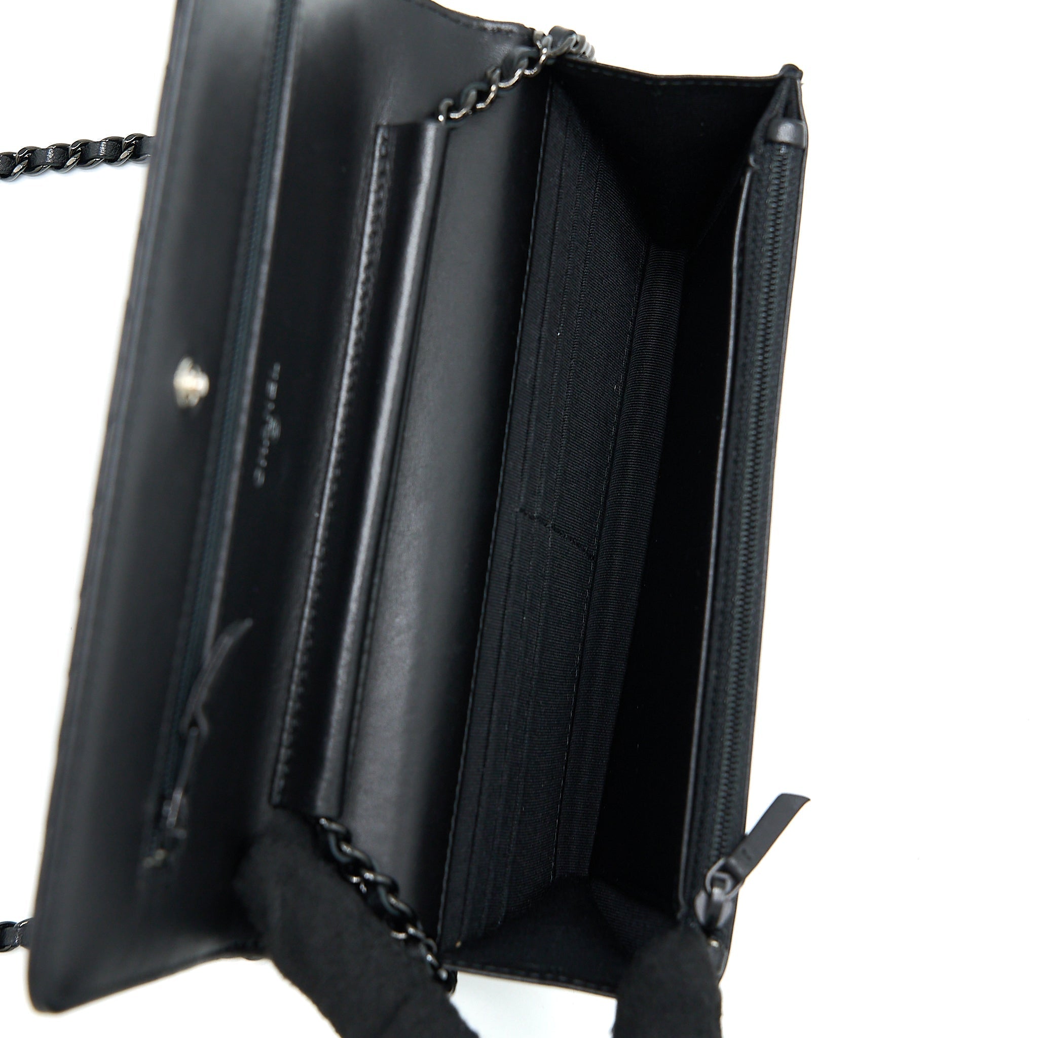 CHANEL CHEVRON WALLET ON CHAIN BLACK WITH BLACK HARDWARE
